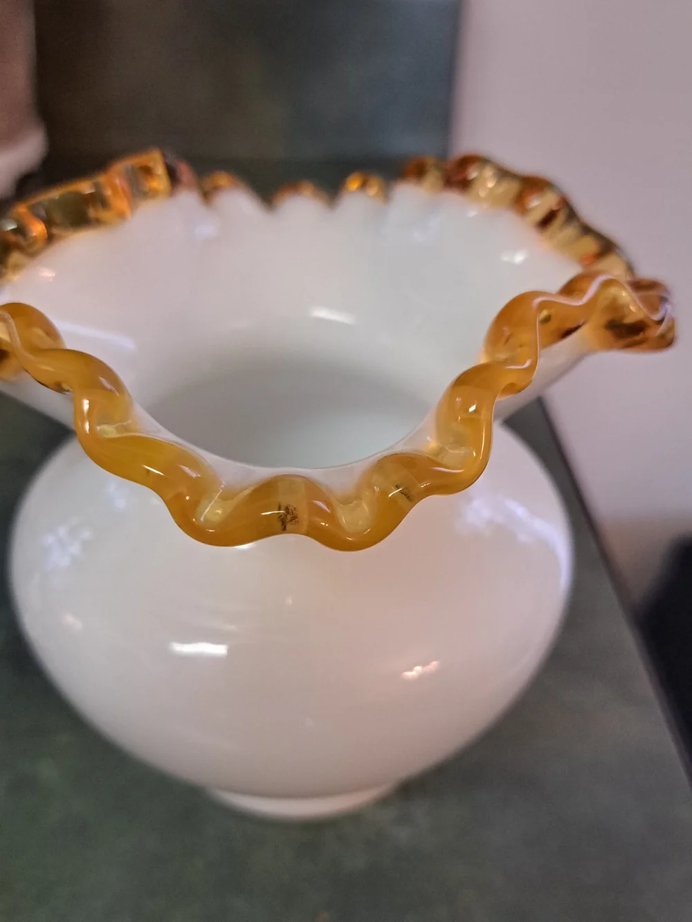 Fenton White and Amber Ruffled Glass Vase - Elegant Home Accent